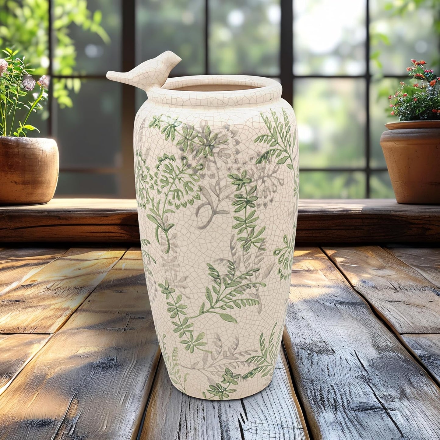 Song Bird Flower Vase Small Vintage Style Crackle Glaze Finish