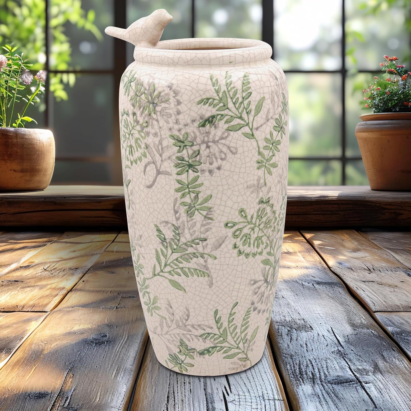Song Bird Flower Vase Large Vintage Style Crackle Glaze Finish