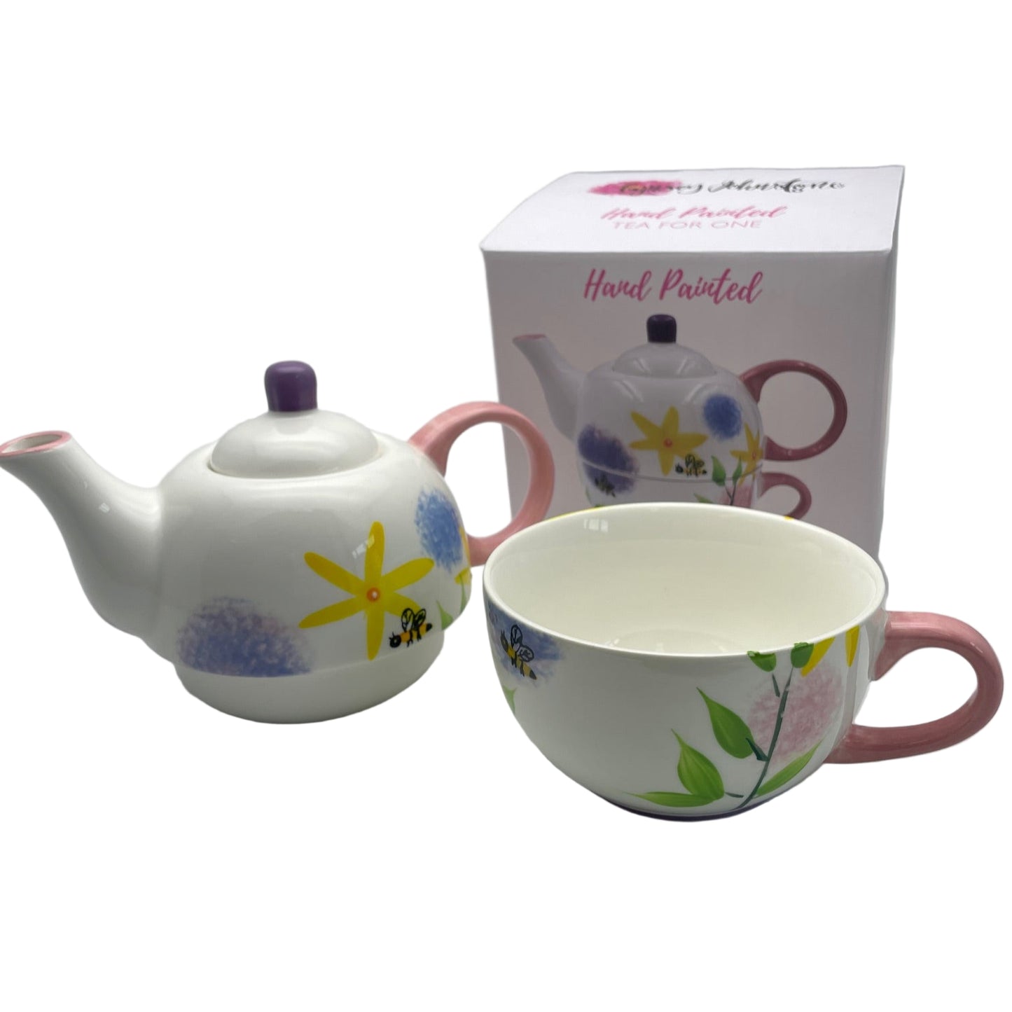 Tea for One Ceramic Teapot and Cup Set Alliums & Bees Pattern