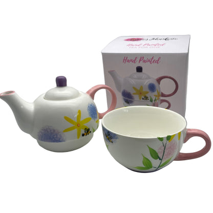 Tea for One Ceramic Teapot and Cup Set Alliums & Bees Pattern
