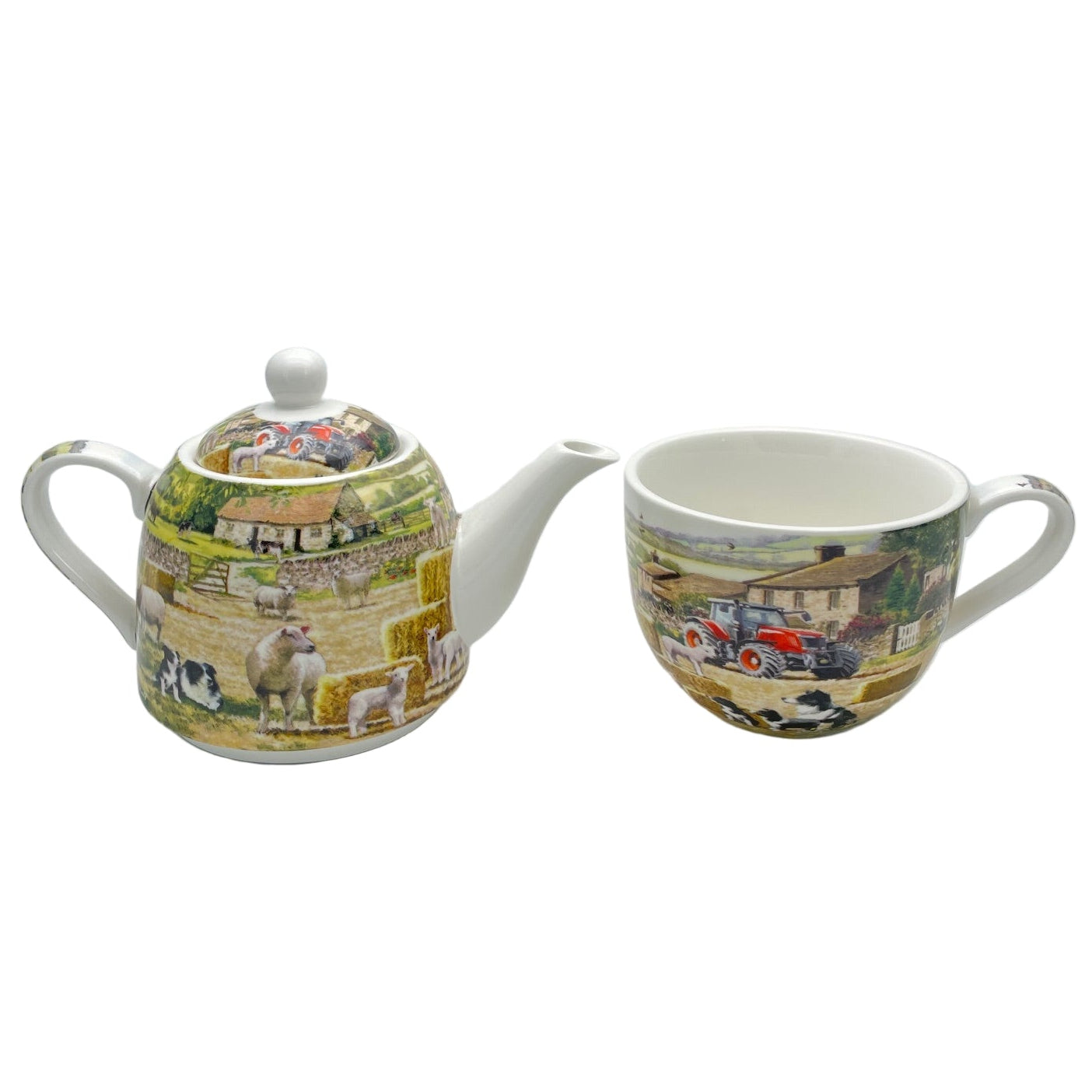 Teapot and mug set with farmyard and vintage tractor design on a white background