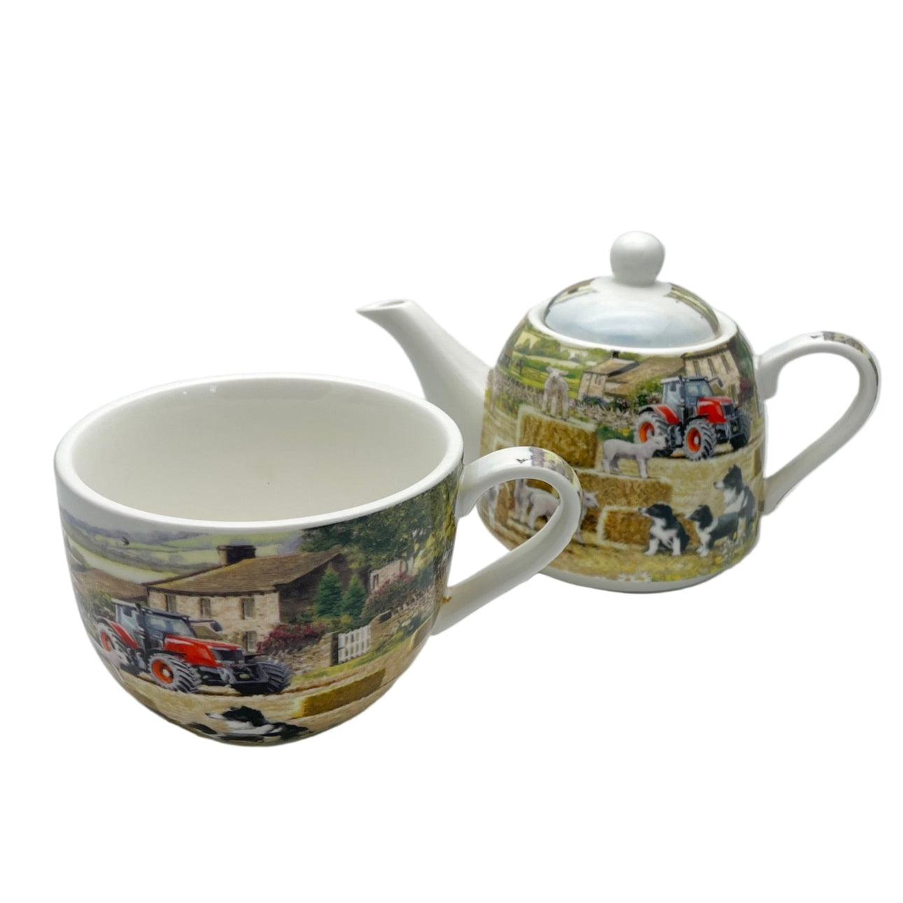 Tea set with mug and teapot featuring a farmyard scene design on a white background