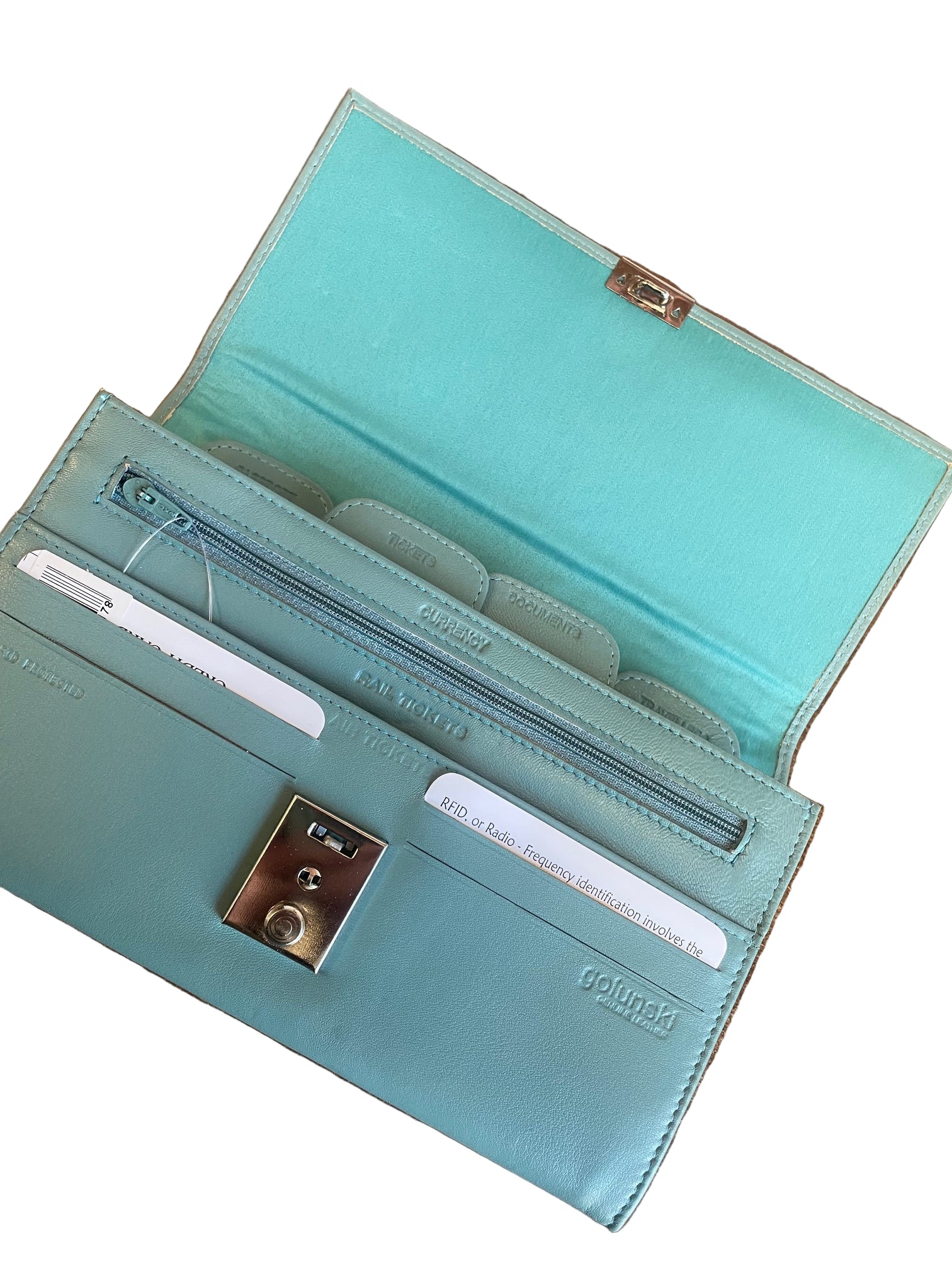 Leather Lockable Travel Wallet & Passport Holder In Sea Blue - Present Days