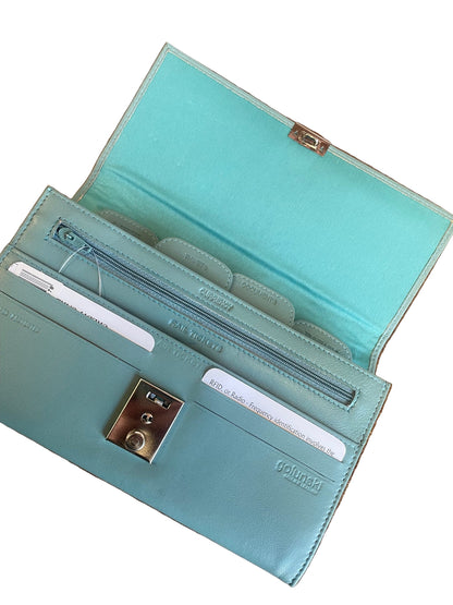 Leather Lockable Travel Wallet & Passport Holder In Sea Blue - Present Days