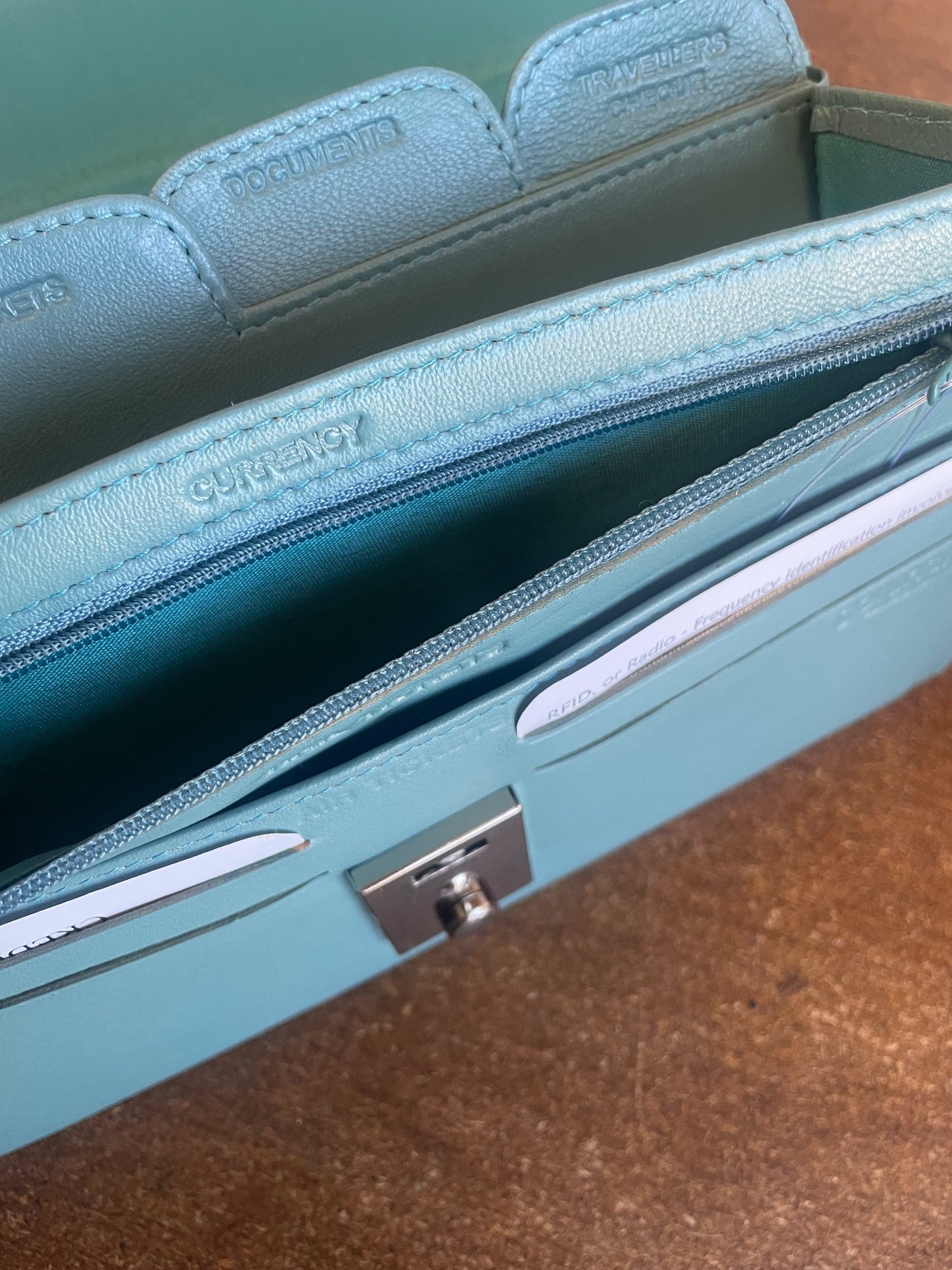 Leather Lockable Travel Wallet & Passport Holder In Sea Blue - Present Days