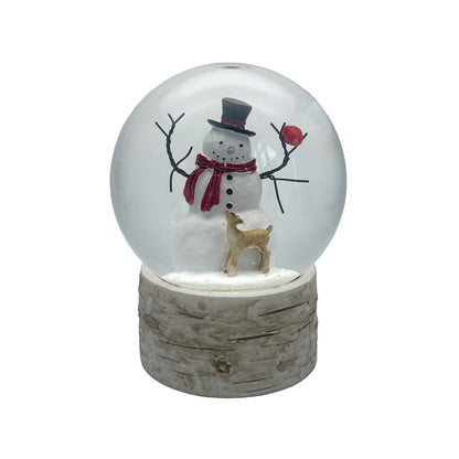 Snow globe with a snowman and deer design on a gray background