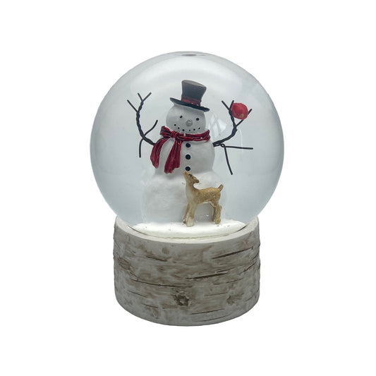 Snow globe with a snowman and deer design on a gray background