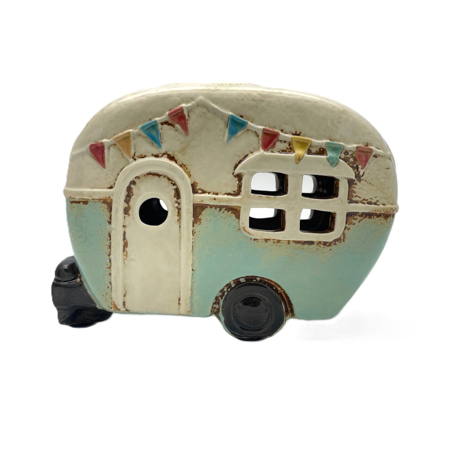 Retro Ceramic Caravan Money Box By Village Pottery Aqua Blue - Present Days