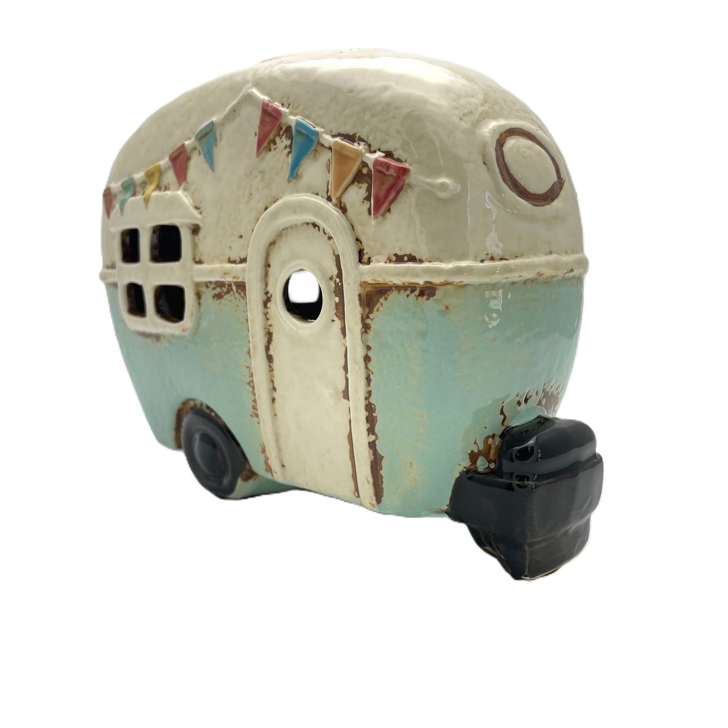 Retro Ceramic Caravan Money Box By Village Pottery Aqua Blue - Present Days
