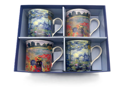 Monet Set of 4 China Mugs 2 Designs Poppies & Water Lily Pond