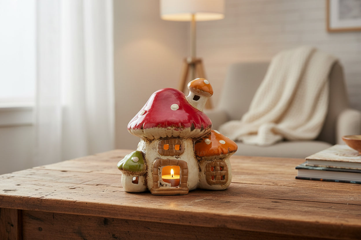 Decorative mushroom-shaped lantern with a candle on a wooden table in a cozy living room.