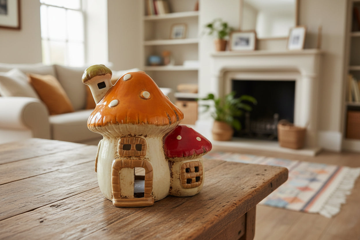 Mushroom-shaped house tea light figurine on a white background