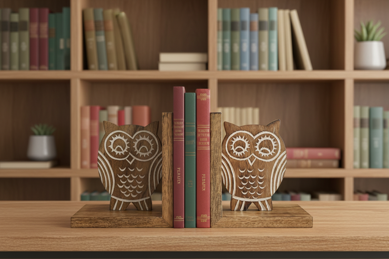 Wooden owl bookends on bookshelf