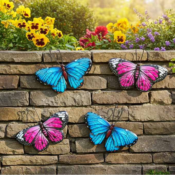 Butterfly decorations on a stone wall with flowers in the background