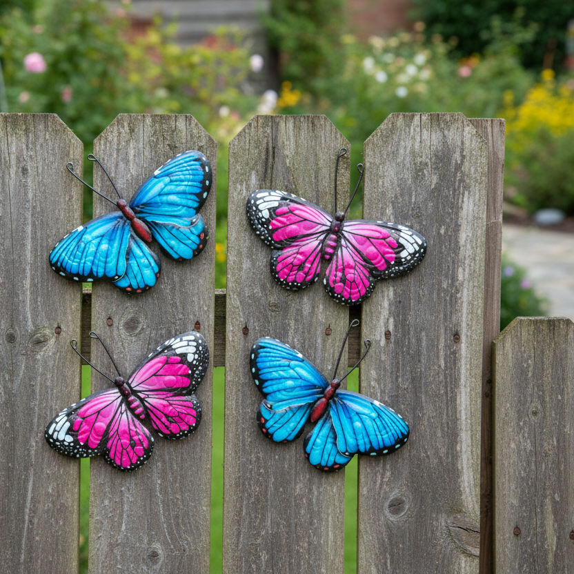 Colorful butterfly decorations on a wooden fence in a garden setting