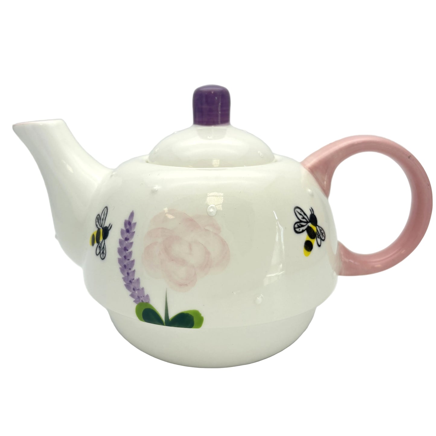 White teapot with floral and bee designs on a white background