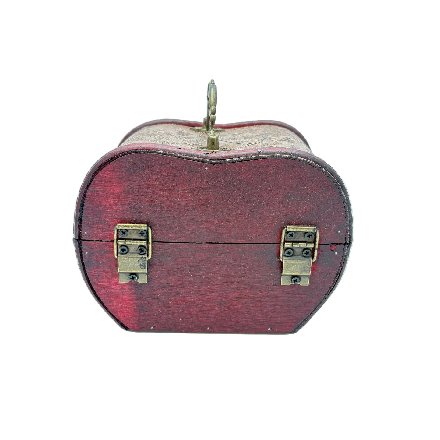 A small heart-shaped wooden keepsake box with a dark red painted exterior, brass latches, and a gold-tone hanging loop on top, photographed against a light blue studio background.