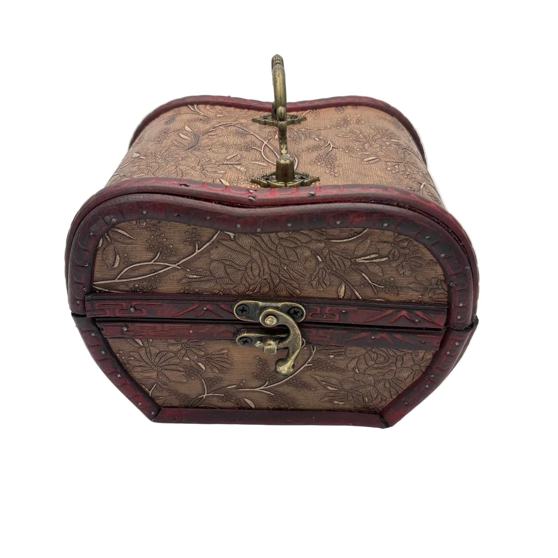 A vintage-style wooden jewelry box with embossed floral patterns, dark red painted borders, and antique brass hardware, shown on a light gray background.