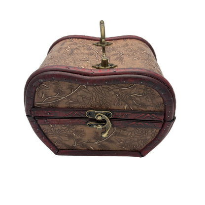 A vintage-style wooden jewelry box with embossed floral patterns, dark red painted borders, and antique brass hardware, shown on a light gray background.