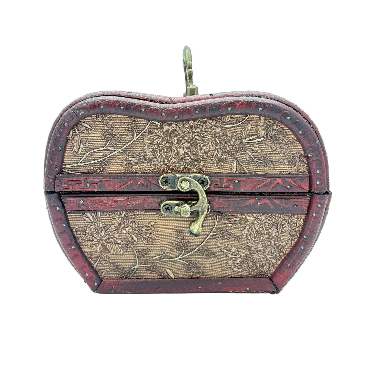 A heart-shaped wooden keepsake box with embossed floral patterns, dark red borders, and a brass clasp, shown on a light blue background.