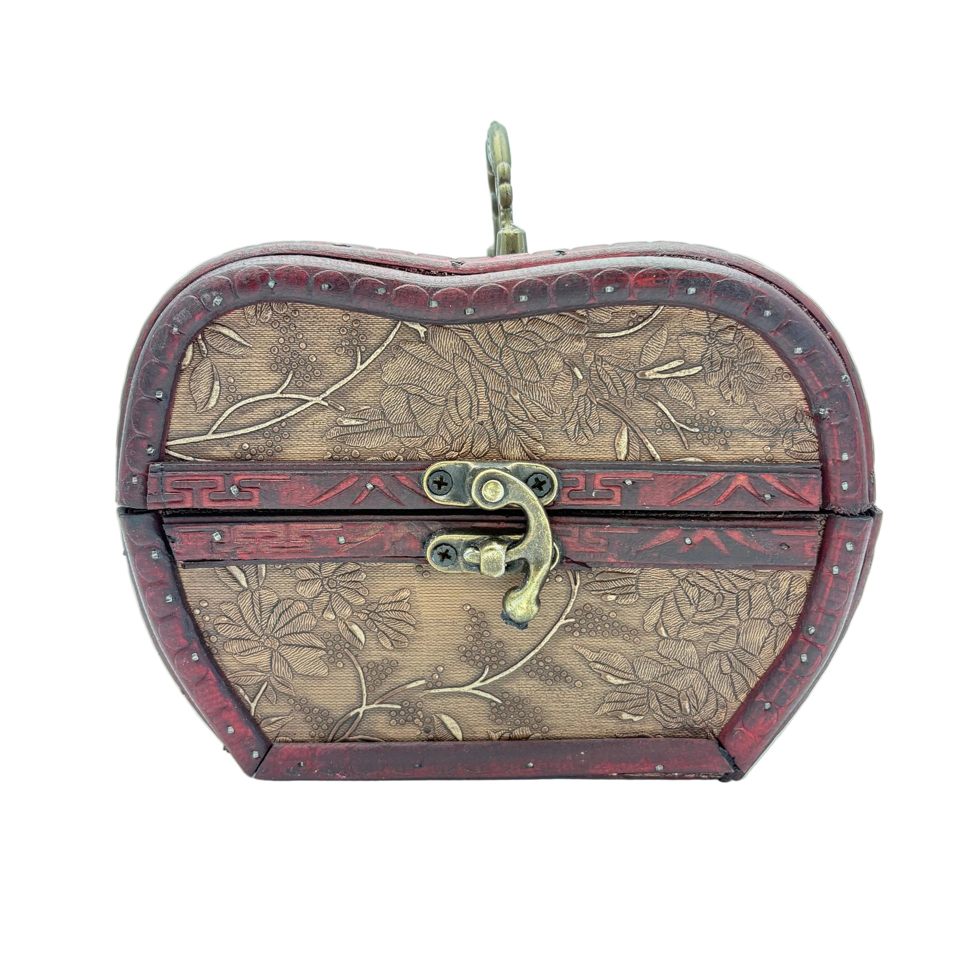 A heart-shaped wooden keepsake box with embossed floral patterns, dark red borders, and a brass clasp, shown on a light blue background.