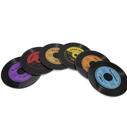 Record Design Glass Drink Coasters Set of 6 In Holder