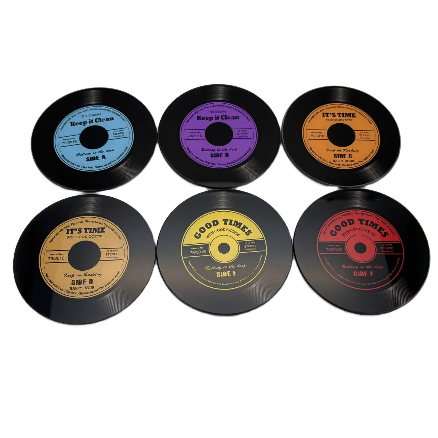 Record Design Glass Drink Coasters Set of 6 In Holder