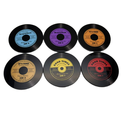 Record Design Glass Drink Coasters Set of 6 In Holder