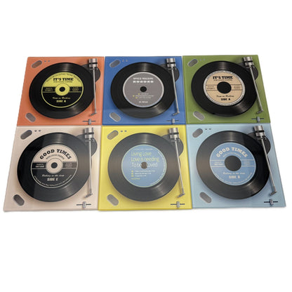 Record On Player Design Square Glass Drink Coasters Set of 6
