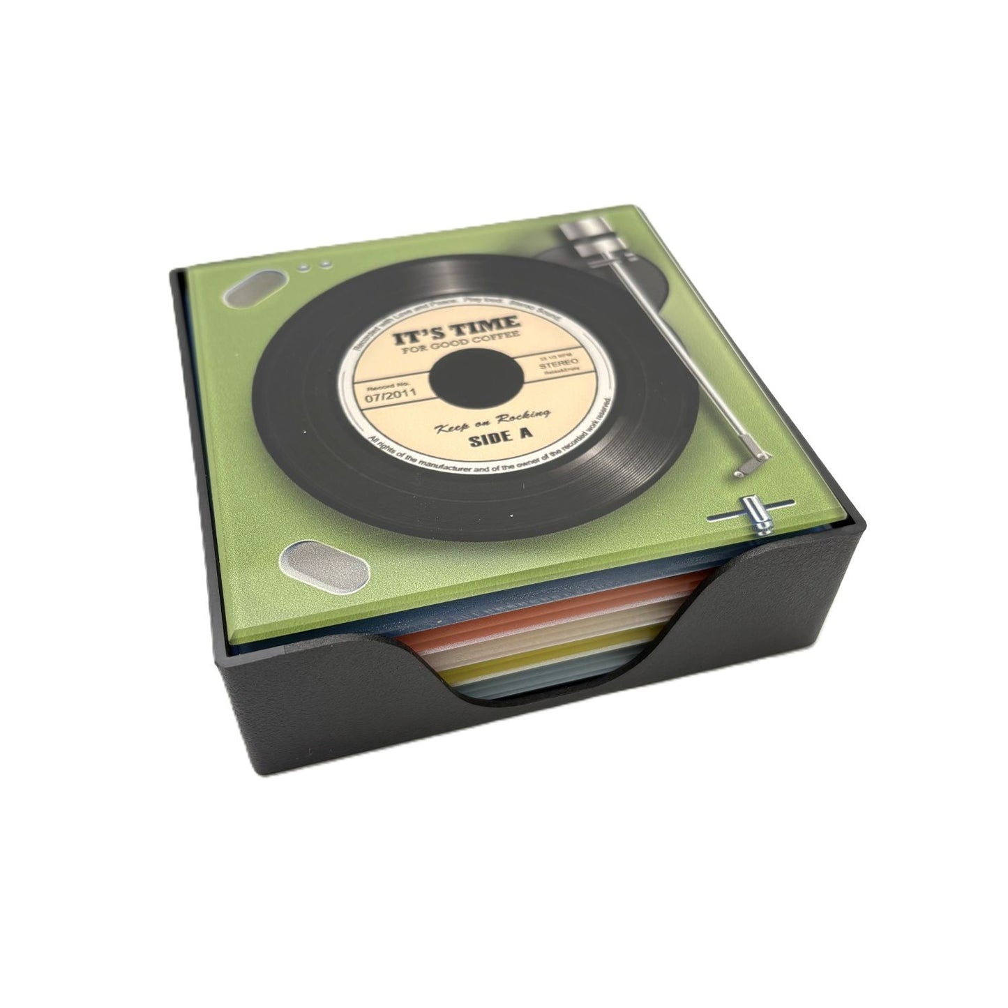 Record On Player Design Square Glass Drink Coasters Set of 6