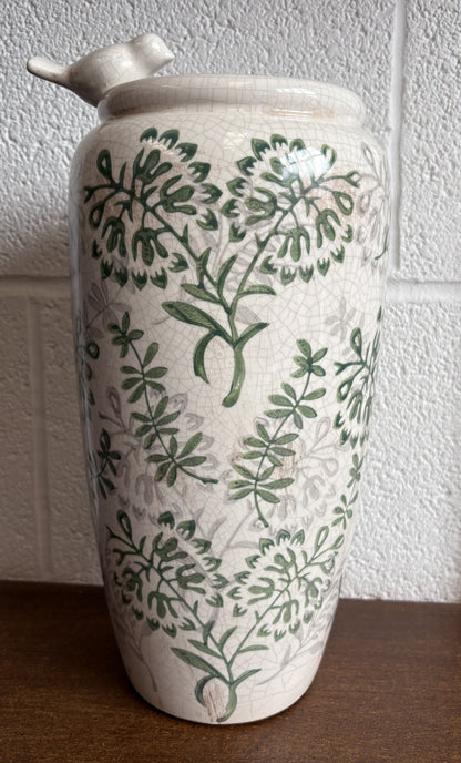 Song Bird Flower Vase Large Vintage Style Crackle Glaze Finish