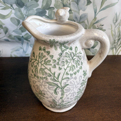 Song Bird Flower Jug Vintage Style Crackle Glaze Finish
