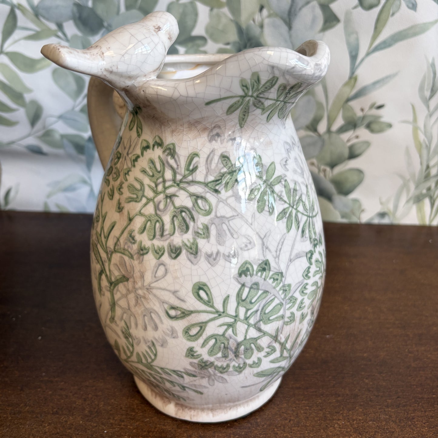 Song Bird Flower Jug Vintage Style Crackle Glaze Finish