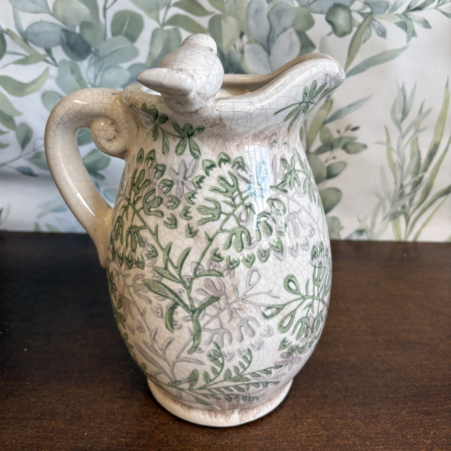 Song Bird Flower Jug Vintage Style Crackle Glaze Finish