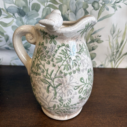Song Bird Flower Jug Vintage Style Crackle Glaze Finish