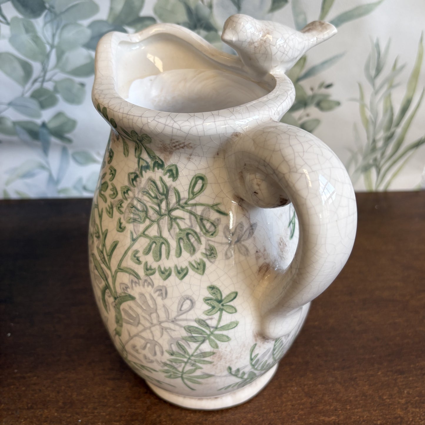 Song Bird Flower Jug Vintage Style Crackle Glaze Finish