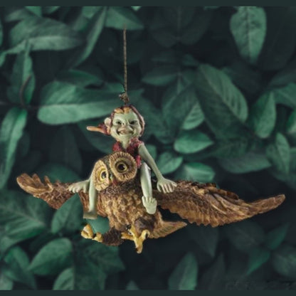 Pixie Riding Owl Hanging Garden Home Decor Figurine
