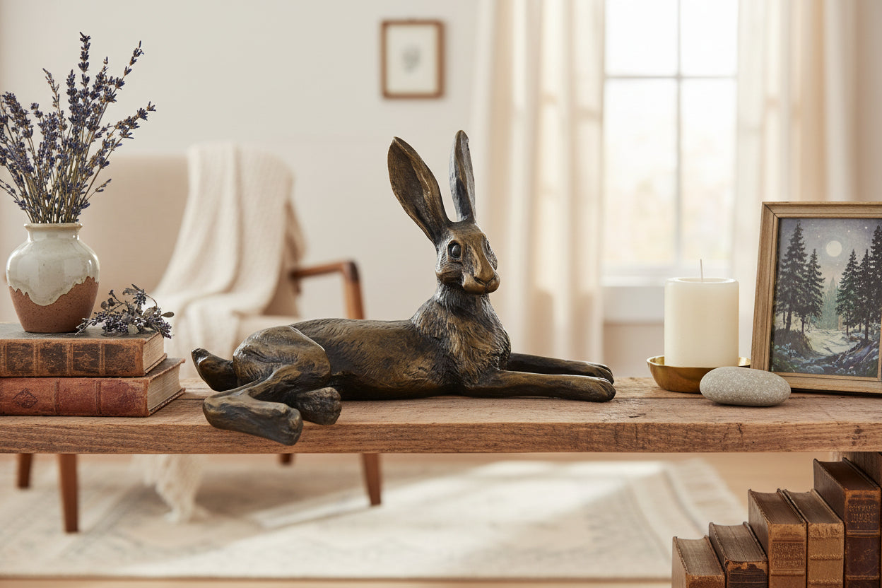 Bronze hare figurine on a white background