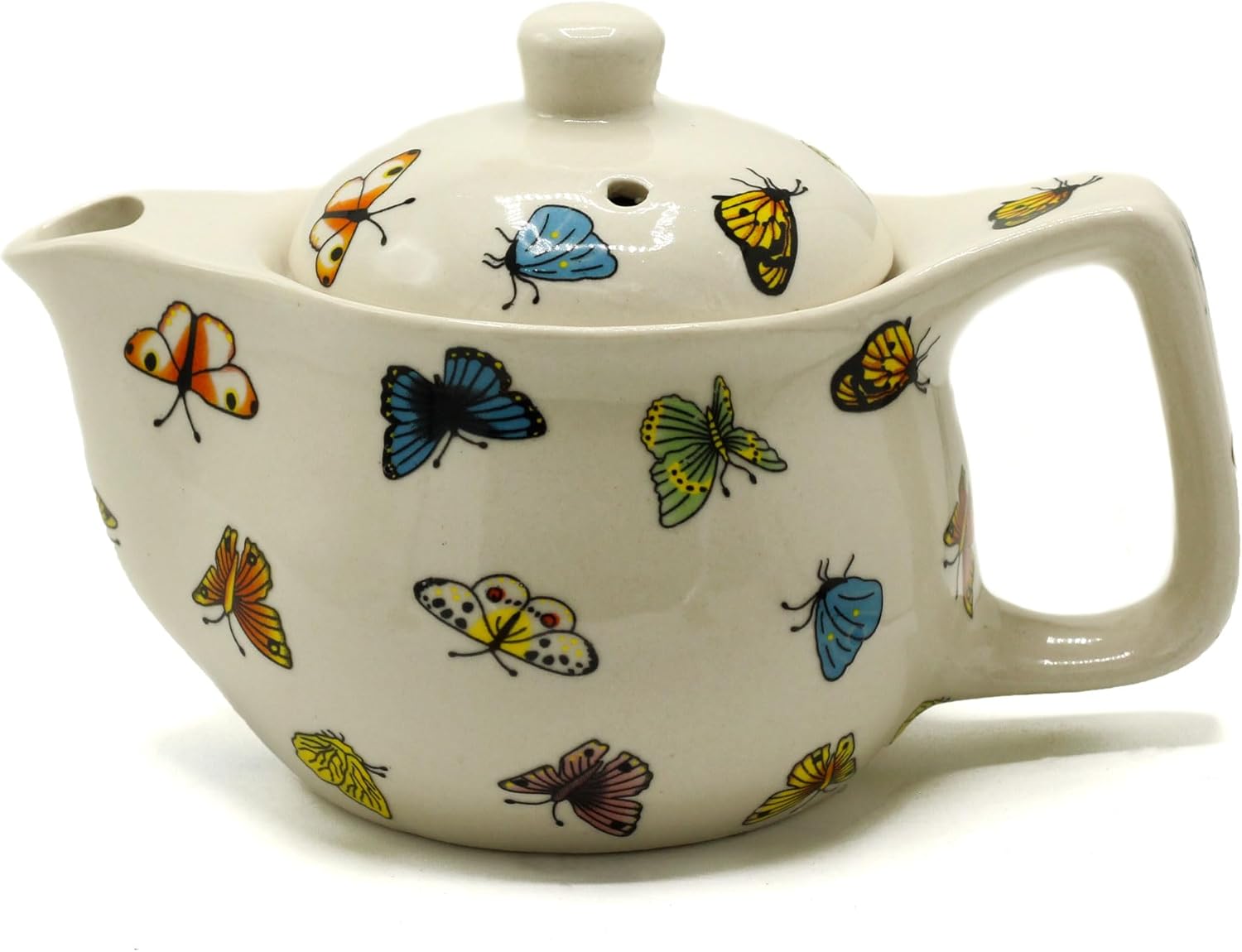 An off-white ceramic teapot decorated with colorful butterfly illustrations in yellow, blue, green, orange, and purple, shown against a plain white background.
