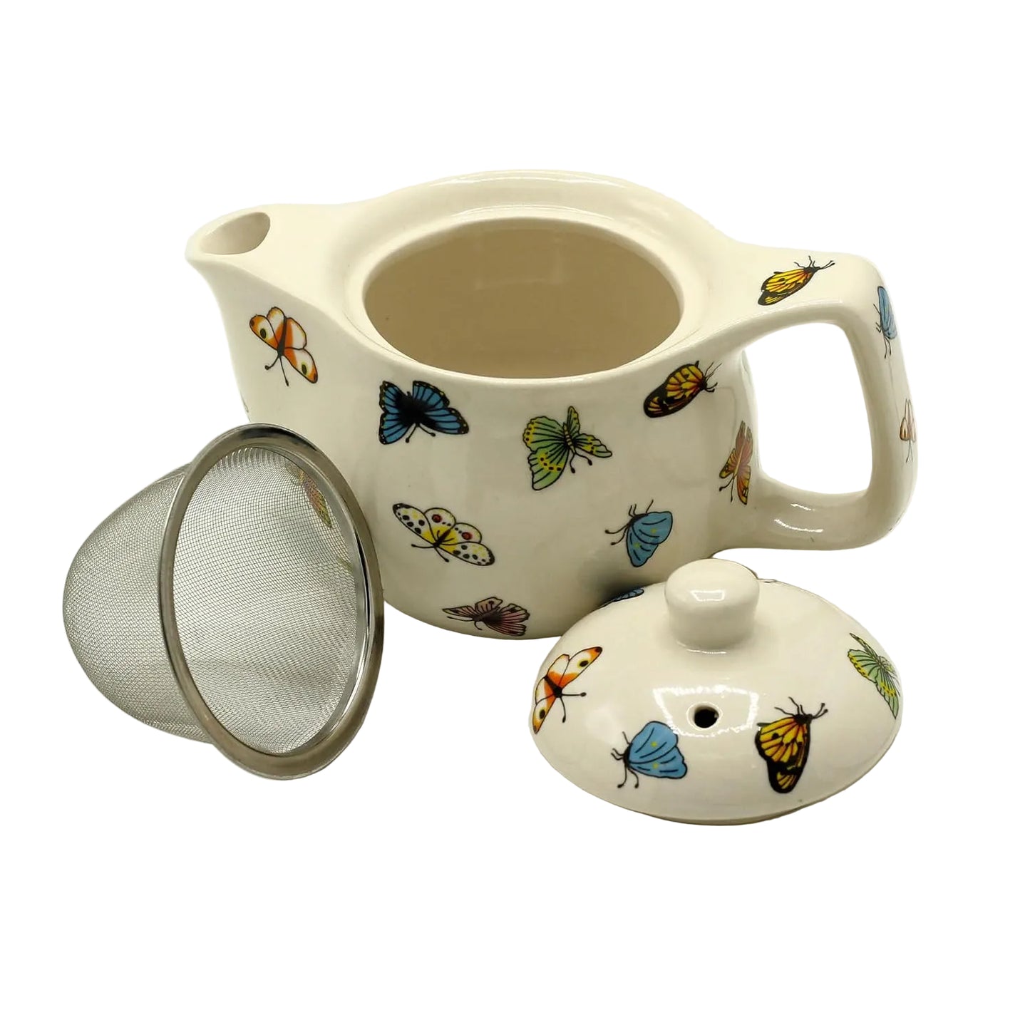 Ceramic teapot with butterfly designs on a white background