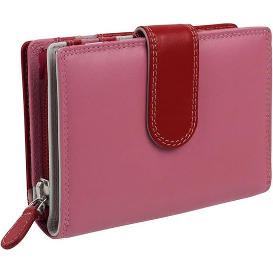 Leather Flap Over Tab Purse Cards & Cash Multi Pinks Candy