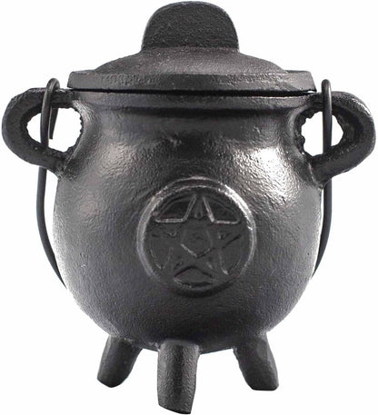 Cast Iron Cauldron, Perfect for Witchcraft, Energy Spells, Halloween Altar, Pagan, and Wiccan Rituals Pentagram 6.5x13cm