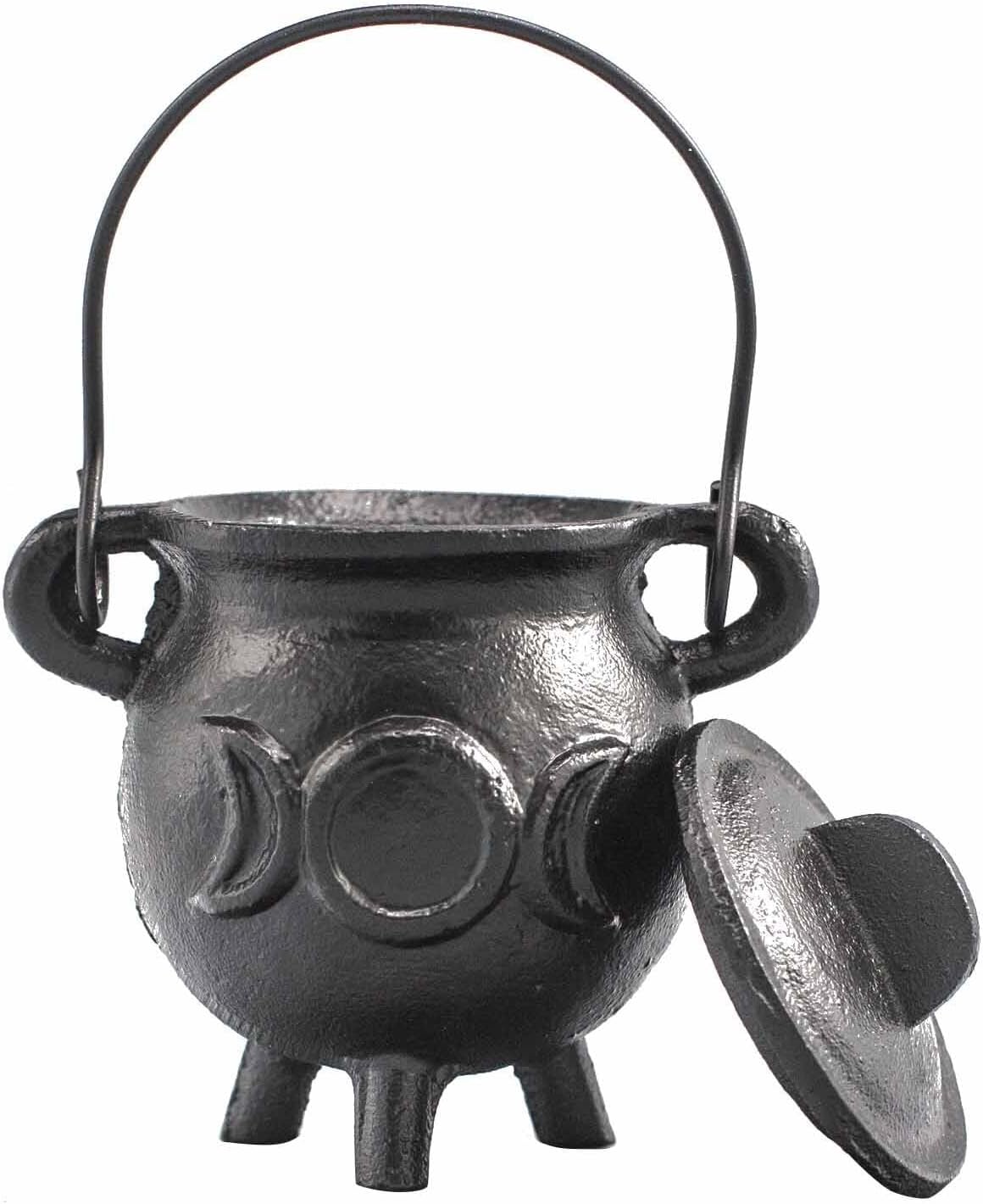 Cast Iron Cauldron, Perfect for Witchcraft, Energy Spells, Halloween Altar, Pagan, and Wiccan Rituals (Triple Moon, 6.5x13cm)