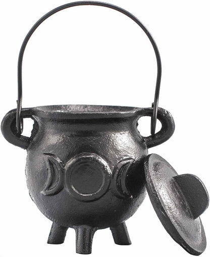 Cast Iron Cauldron, Perfect for Witchcraft, Energy Spells, Halloween Altar, Pagan, and Wiccan Rituals (Triple Moon, 6.5x13cm)