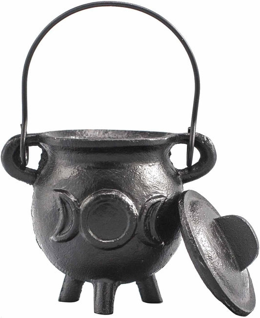 Cast Iron Cauldron, Perfect for Witchcraft, Energy Spells, Halloween Altar, Pagan, and Wiccan Rituals (Triple Moon, 6.5x13cm)
