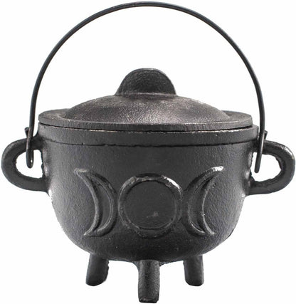 Cast Iron Cauldron, Perfect for Witchcraft, Energy Spells, Halloween Altar, Pagan, and Wiccan Rituals Triple Moon, 11x13cm