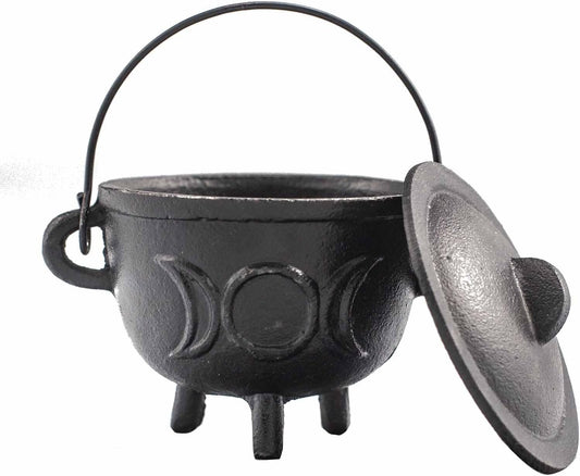 Cast Iron Cauldron, Perfect for Witchcraft, Energy Spells, Halloween Altar, Pagan, and Wiccan Rituals Triple Moon, 11x13cm