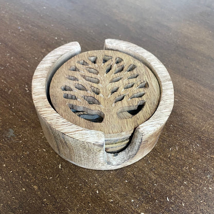 Hand Carved Tree Of Life Set Of 6 Coasters In Stand