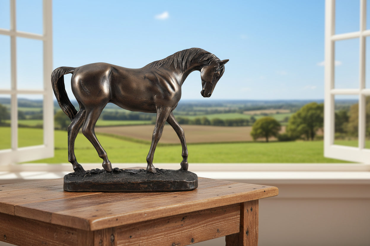 Bronze horse statue on a wooden table with a scenic view outside the window