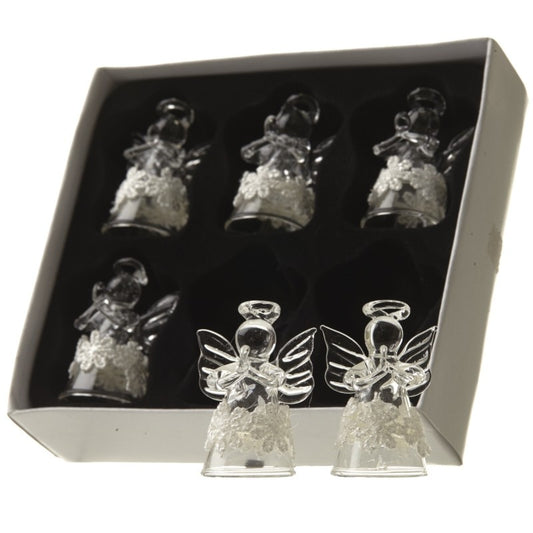 Glass Angels Set of 6 Small Christmas Tree Decorations with White Flower Band